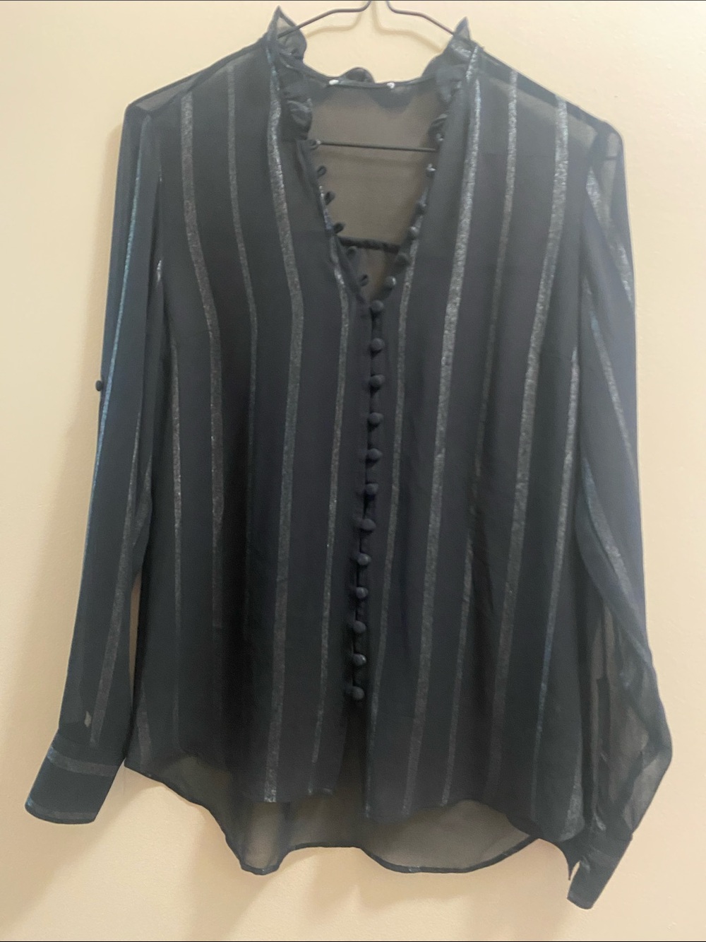 Sheer Black Button-Front Stripe Blouse